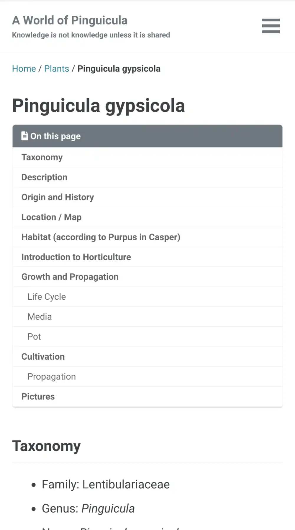 New website species plant page viewed on mobile