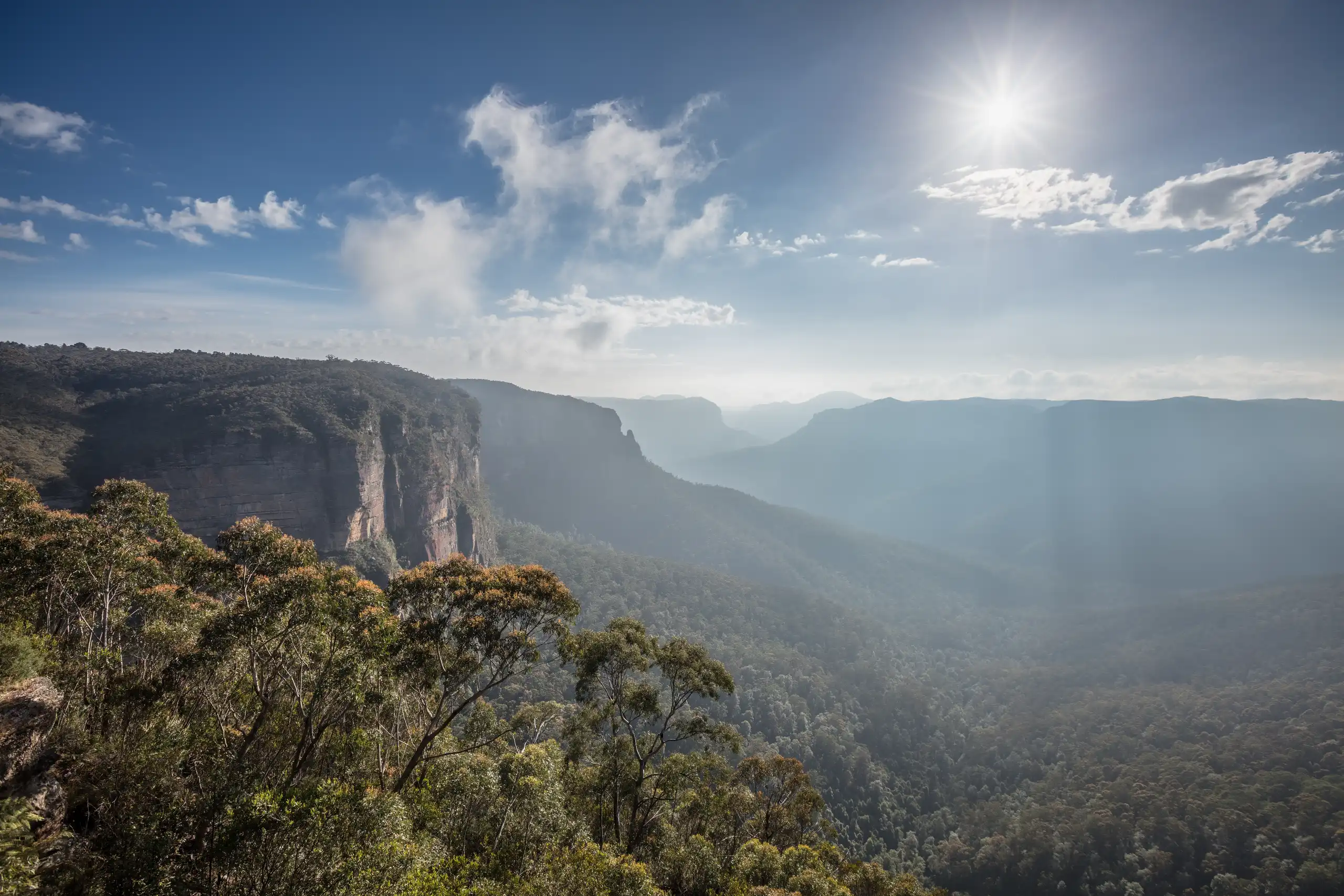 Landscape of the Blackheath viewed from the Govett’s Leap lookout in New South Wales, Australia.